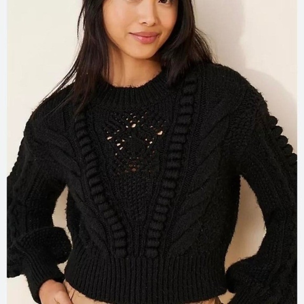 Anthropologie Sweater Women L Black Excellent Cable Knit Balloon Sleeve Cropped
